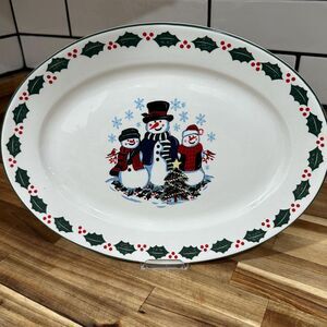 GEI 3 Snowmen Christmas Serving Platter - Holly Border - 14” x 10 1/2” x 1 1/2”